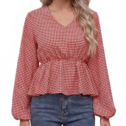 Houndstooth Peplum Blouse V Neck Long Sleeve Top