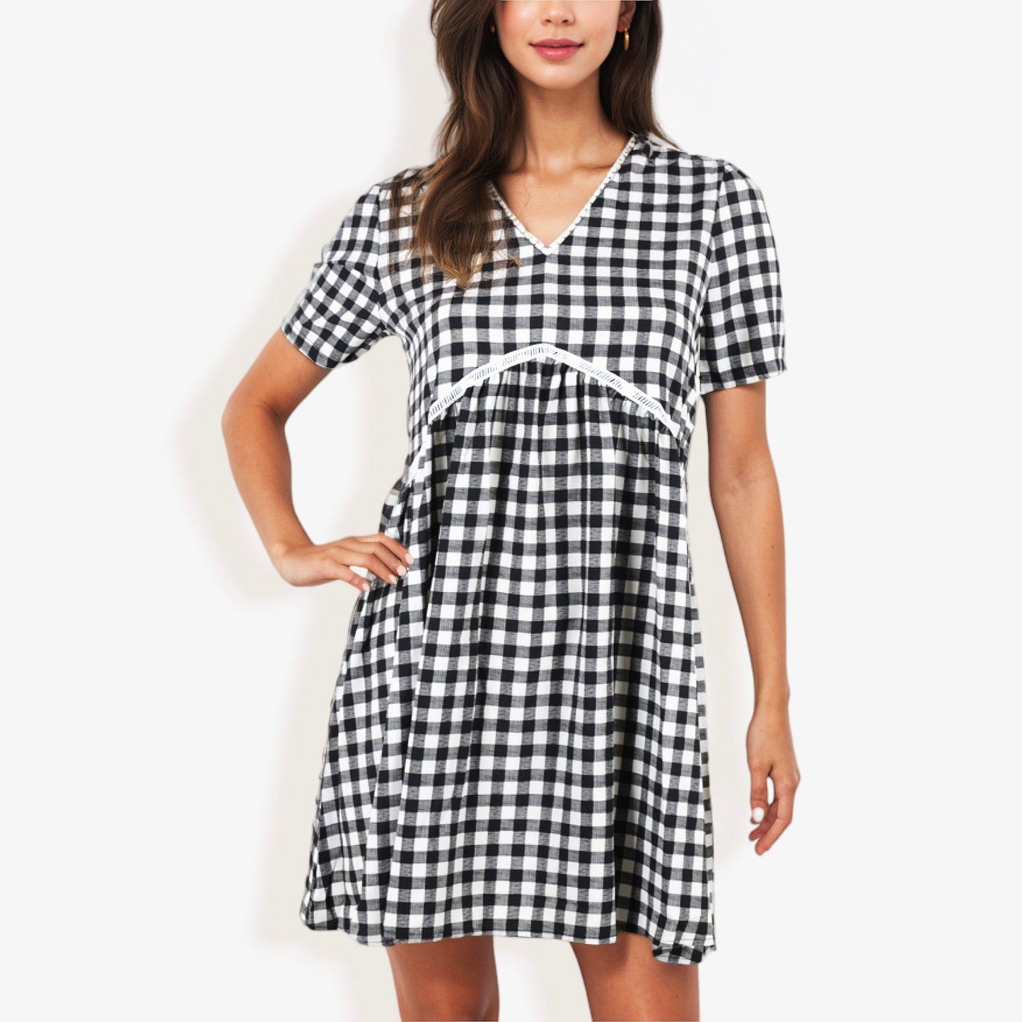 Gingham V-Neck Short Sleeve Dress Empire Waist Lace Trim