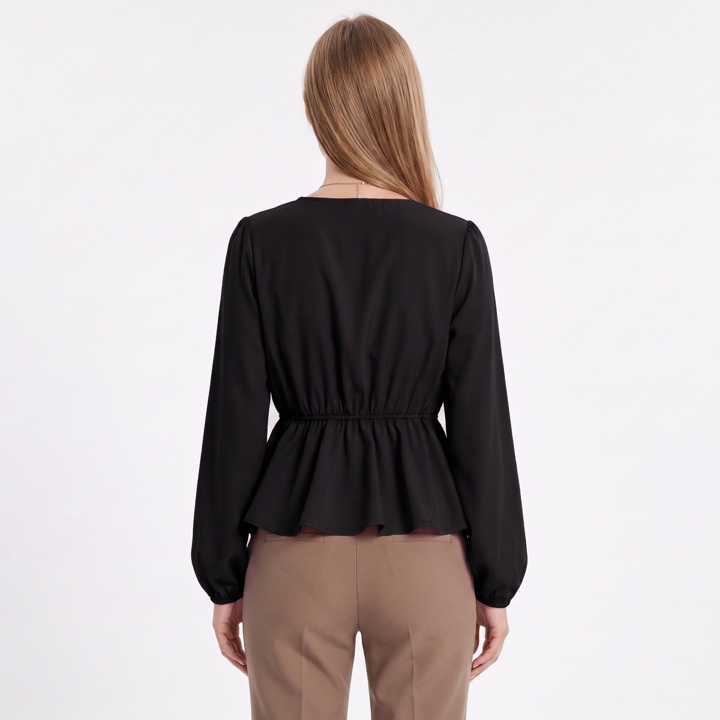 V Neck Long Sleeve Peplum Blouse Elastic Waist Casual Dressy Top