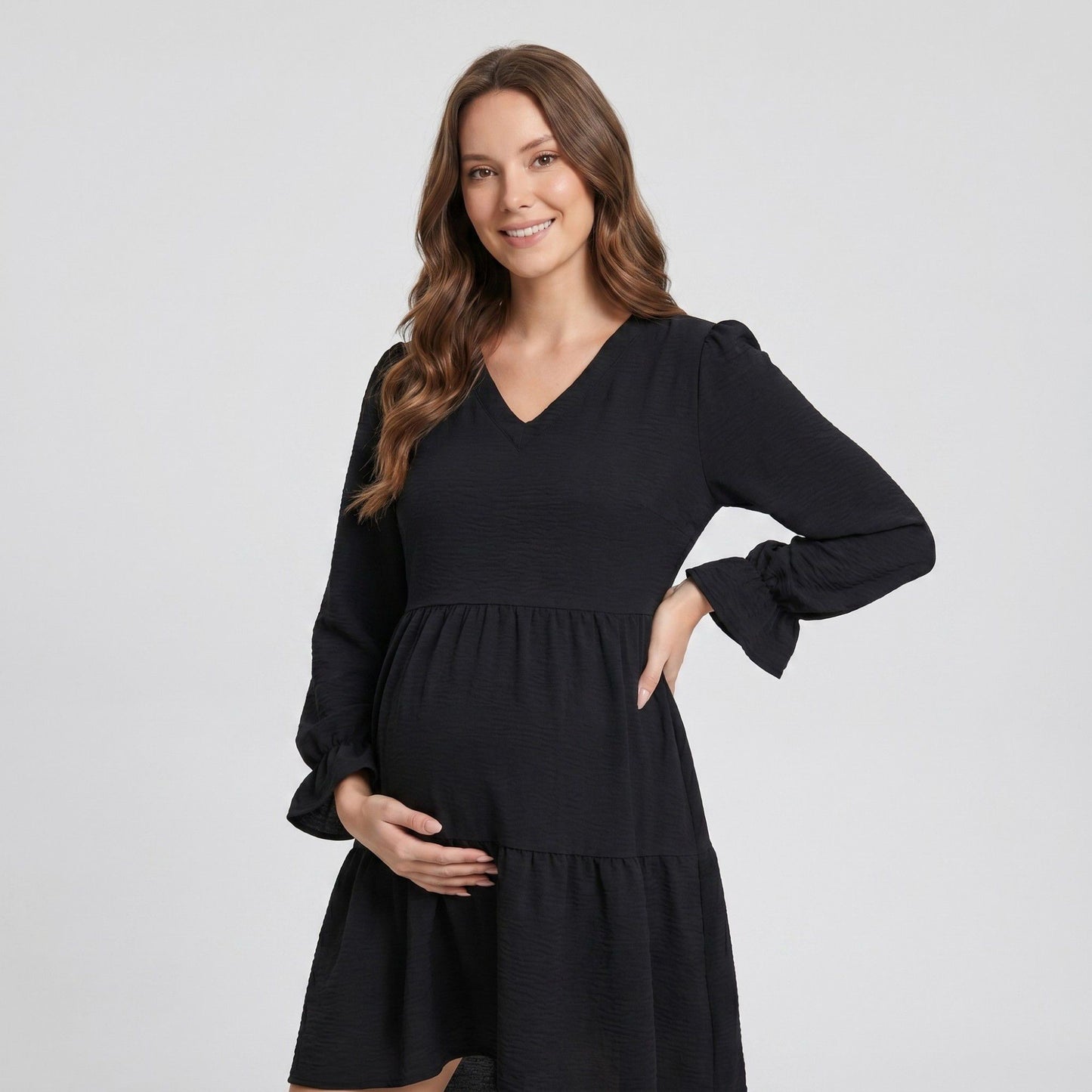 Maternity V Neck High Low Mini Dress with Long Sleeves and Tiered Hem