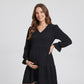 Maternity V Neck High Low Mini Dress with Long Sleeves and Tiered Hem
