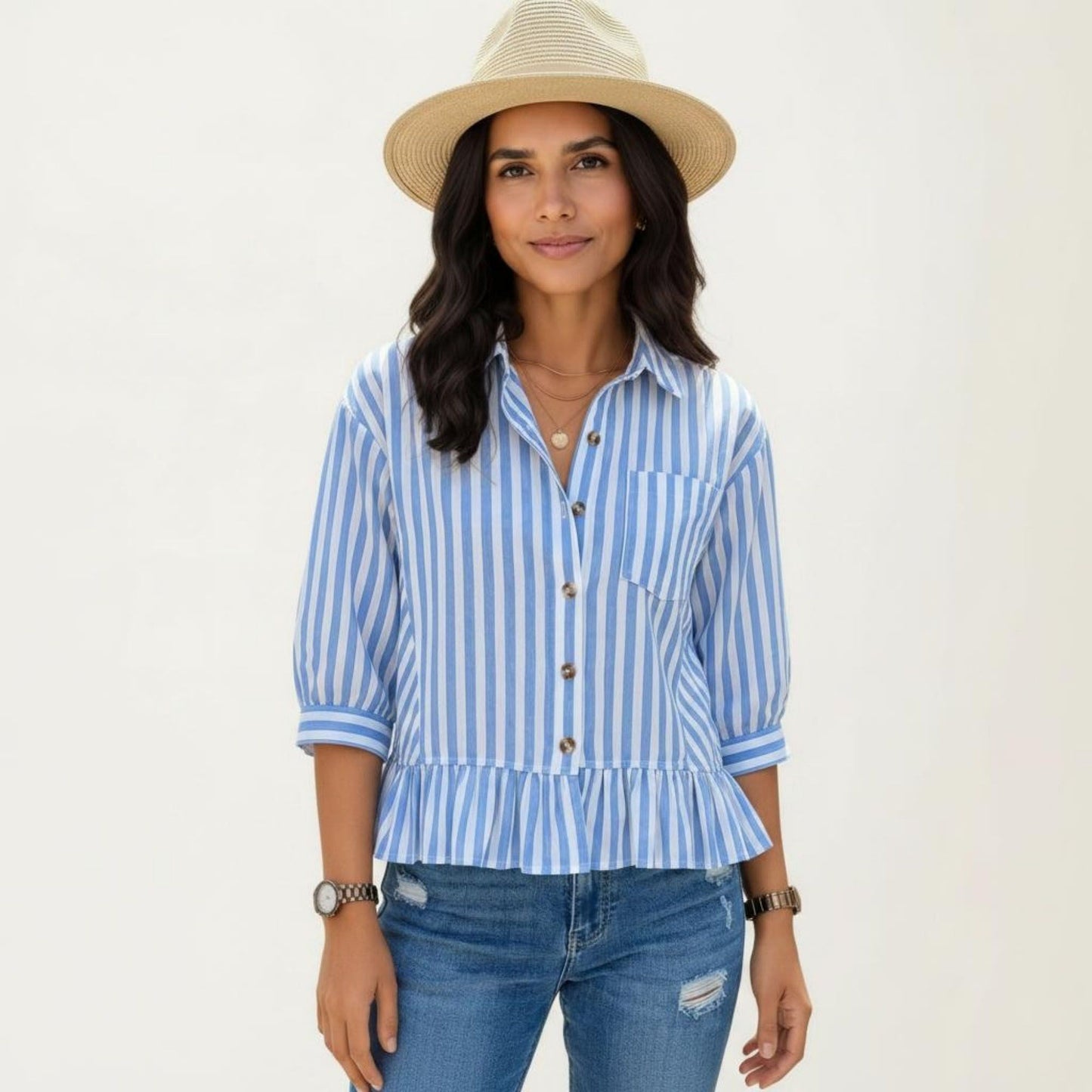 Striped Button Down Blouse with Collar Three Quarter Sleeve Peplum Hem Pocket Detail Casual Shirt