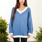 V-Neck Waffle Knit Long Sleeve Top Contrast Trim Relaxed Fit