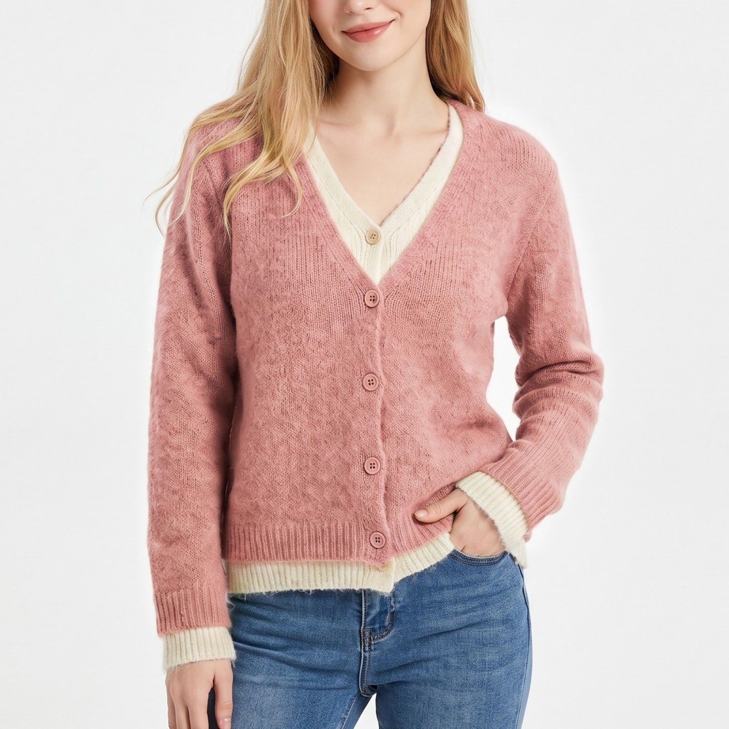 Contrast Trim Layered V Neck Button Front Cardigan