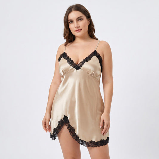 Plus Size Satin-Like Lace Trim Cami Nightgown with V-Neck Slim Straps Side Slit and Relaxed Fit