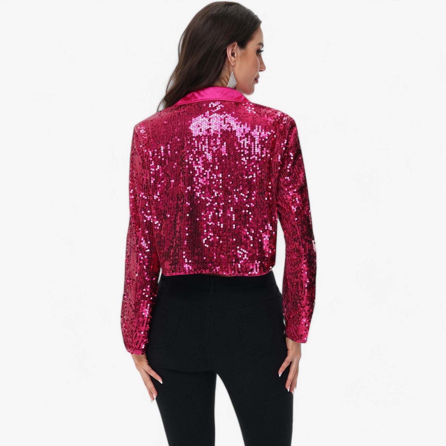 Sequin Cropped Blazer Long Sleeve Sparkly Open Front Jacket