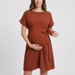 Maternity Short Sleeve Dress with Tie Waist and Relaxed A-Line Fit