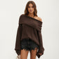 Off-Shoulder Ribbed Knit Sweater Top with Foldover Neckline and Soft Relaxed Fit for a Chic Textured Look