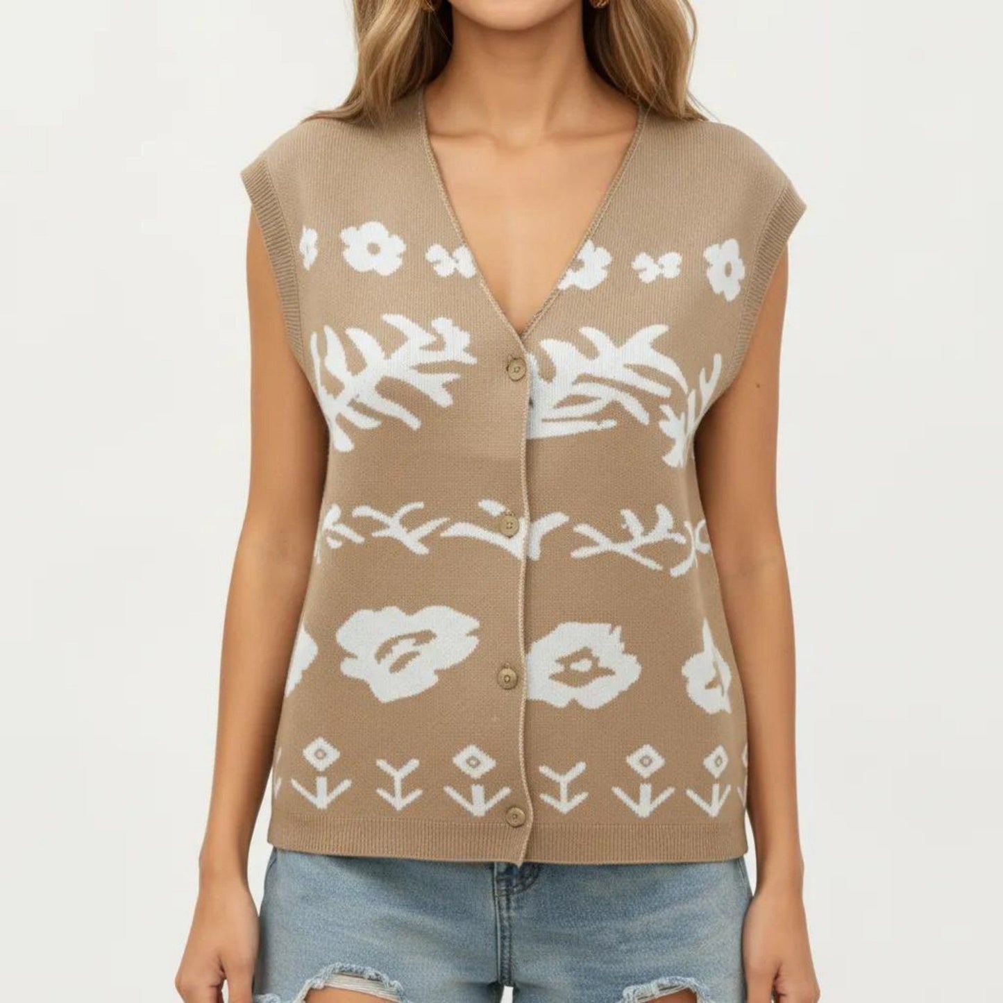 Sleeveless Floral Knit Vest Top with V-Neck Front and Button Detail