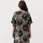 Geometric Print Maxi Caftan Dress with V-Neckline Relaxed Fit and Draped Silhouette