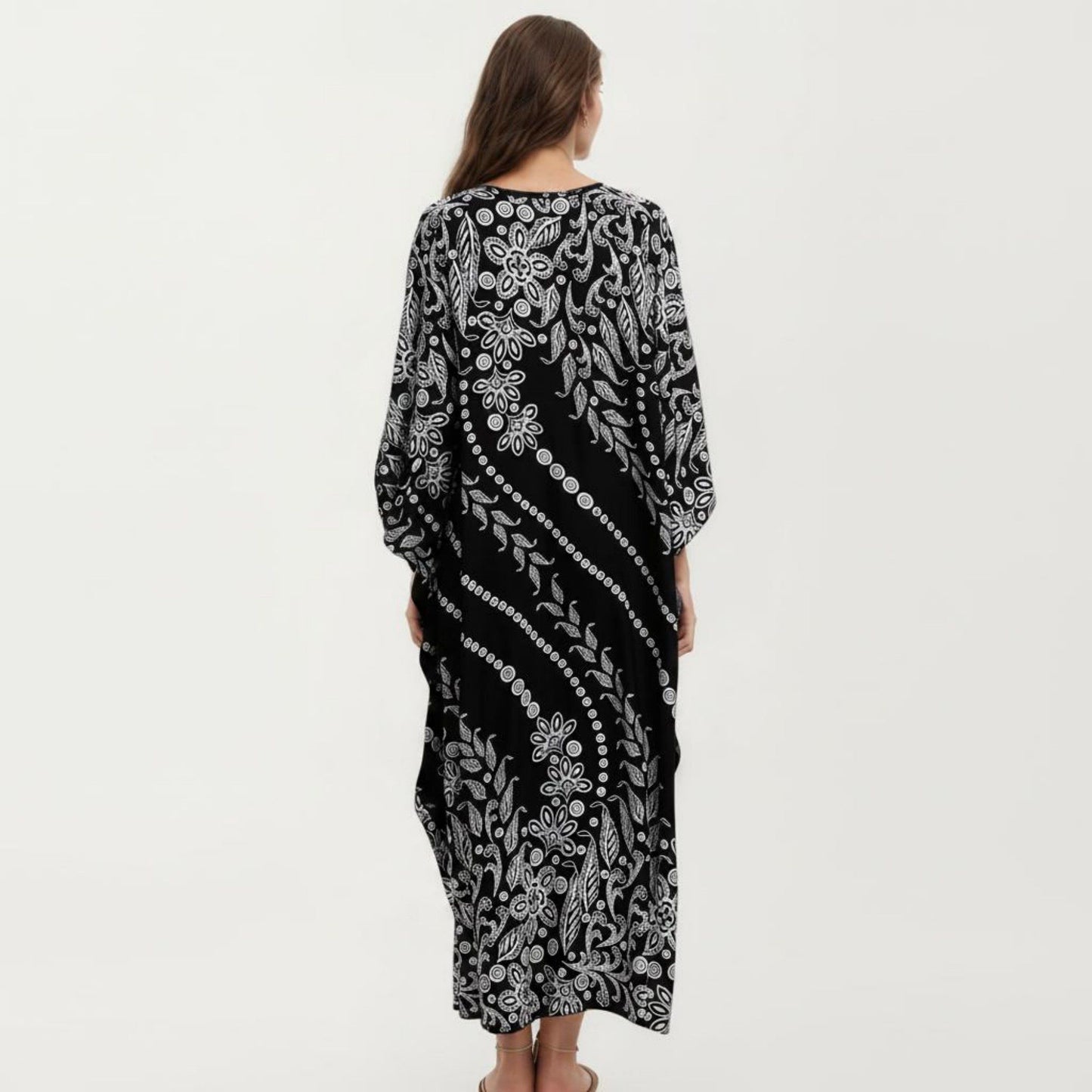 Floral Print Kaftan Maxi Dress with V-Neck Button Front and Flowy Batwing Sleeves