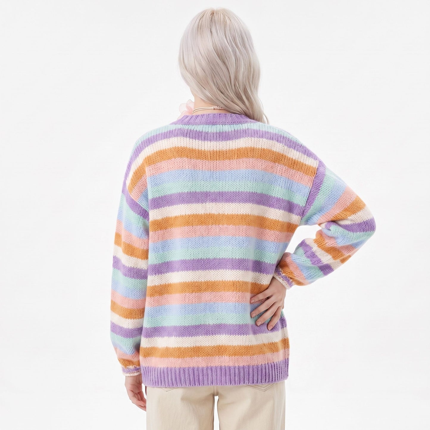 Multicolor Striped Open Front Knit Cardigan Sweater