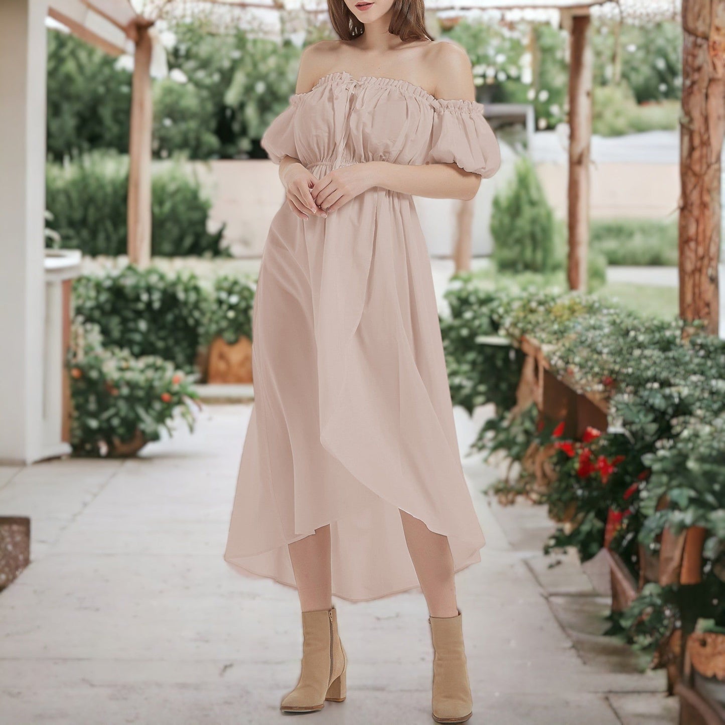 Casual Boho Lantern Sleeve Off Shoulder Fairy Midi Dress