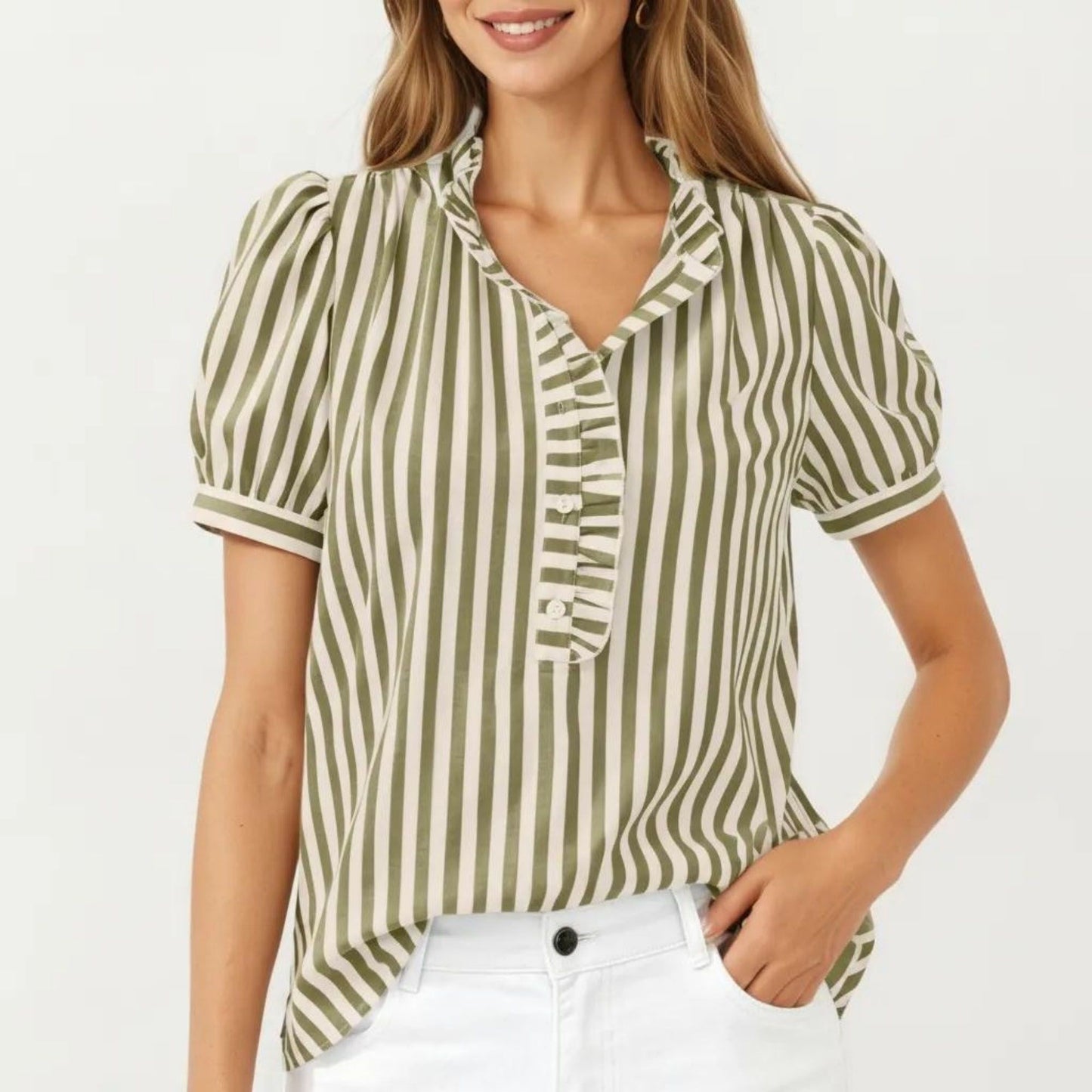 Short Sleeve Striped Blouse with Ruffle Trim V Neck Puff Sleeve Lightweight Pullover Shirt