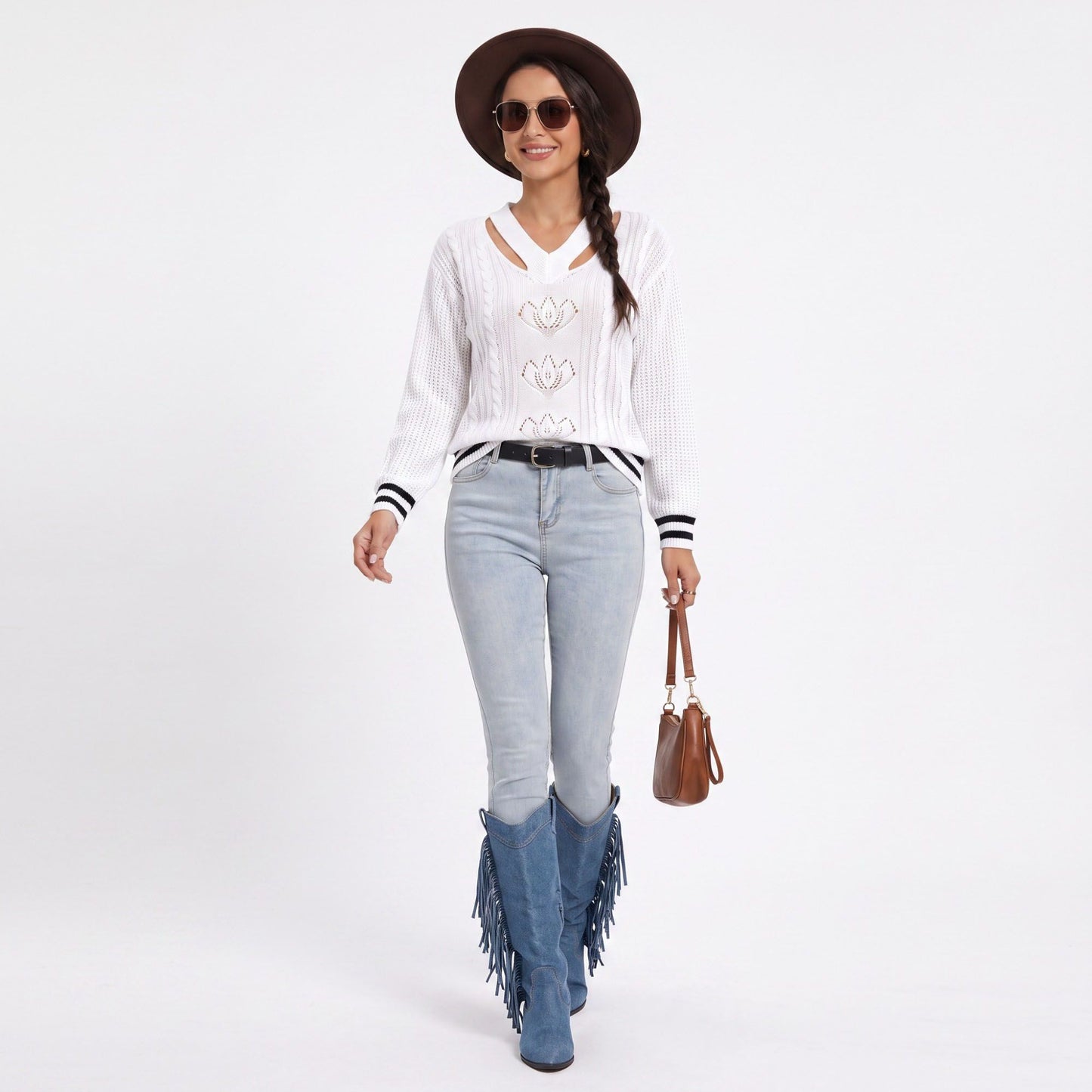 Cutout V Neck Cable Knit Long Sleeve Sweater with Contrast Stripe Trim
