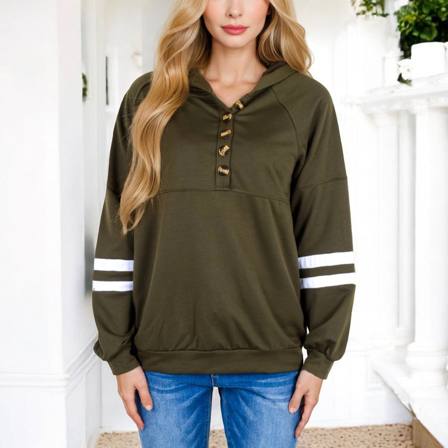 Button-Front Hoodie with Stripe Sleeve Detail Relaxed Fit