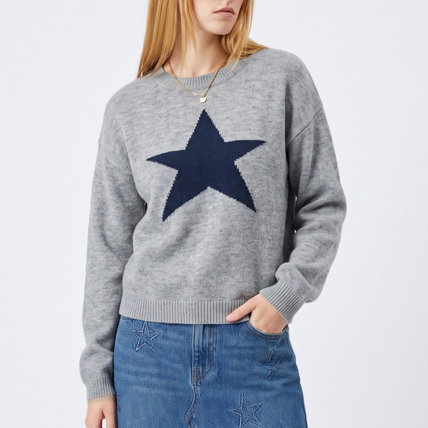 Star Graphic Crewneck Long Sleeve Relaxed Knit Pullover Sweater