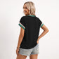 Ribbed Short Sleeve Top Contrast Trim Crew Neck Casual Tee