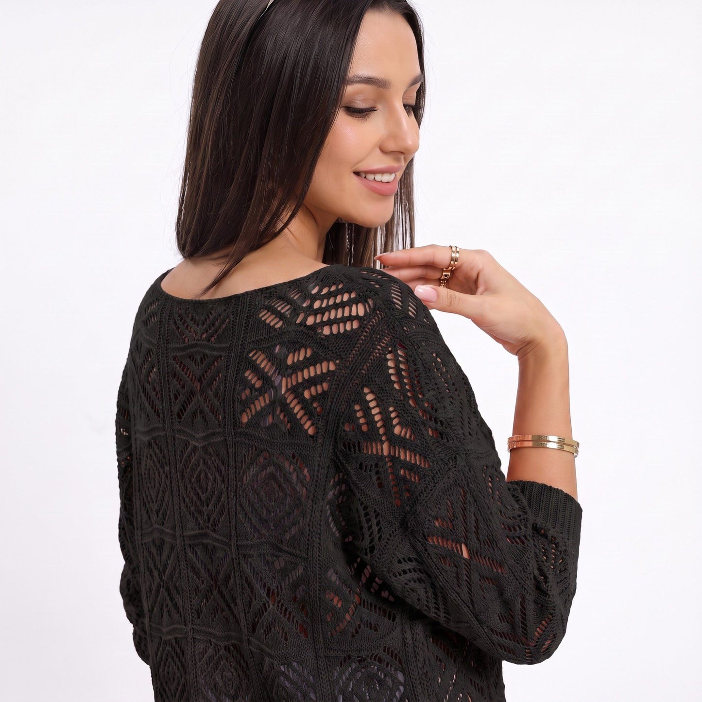 Open Stitch Knit Sweater One Shoulder Geometric Long Sleeve Top