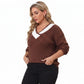 Plus Size Contrast Collar V-Neck Ribbed Sweater