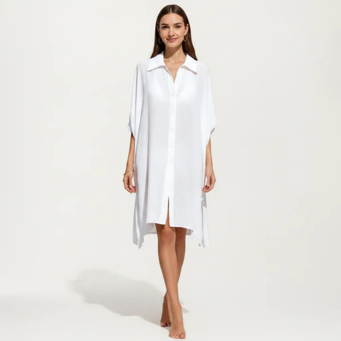 Button Front Swim Cover Up Shirt Dress Loose Lightweight Beach Kaftan