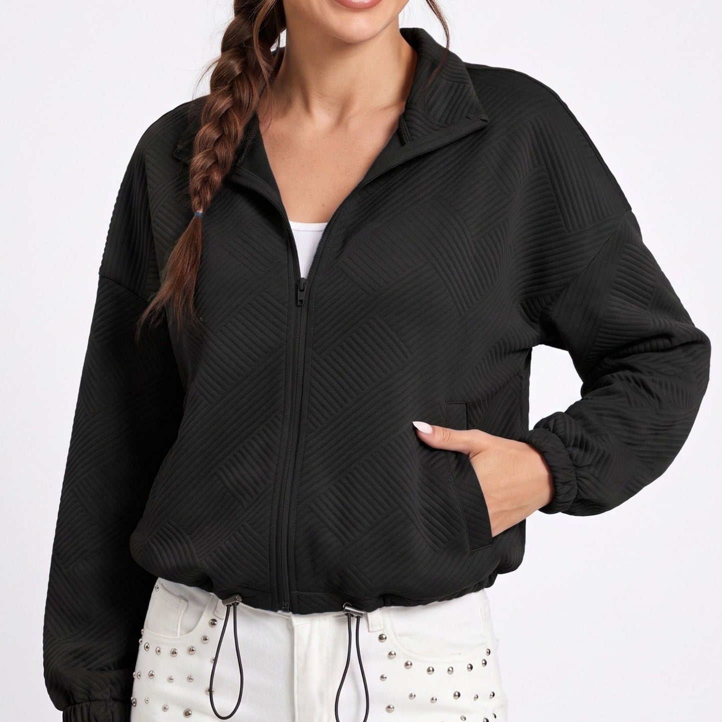 Quilted Full Zip Jacket with Collared Neckline