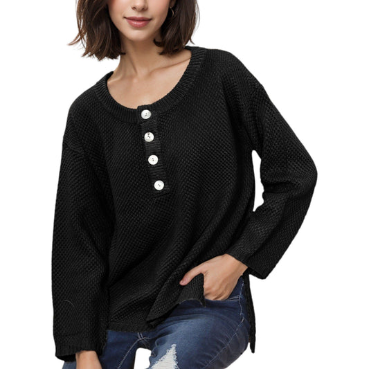 Contrast Half Button Henley Down Long Sleeve Sweater