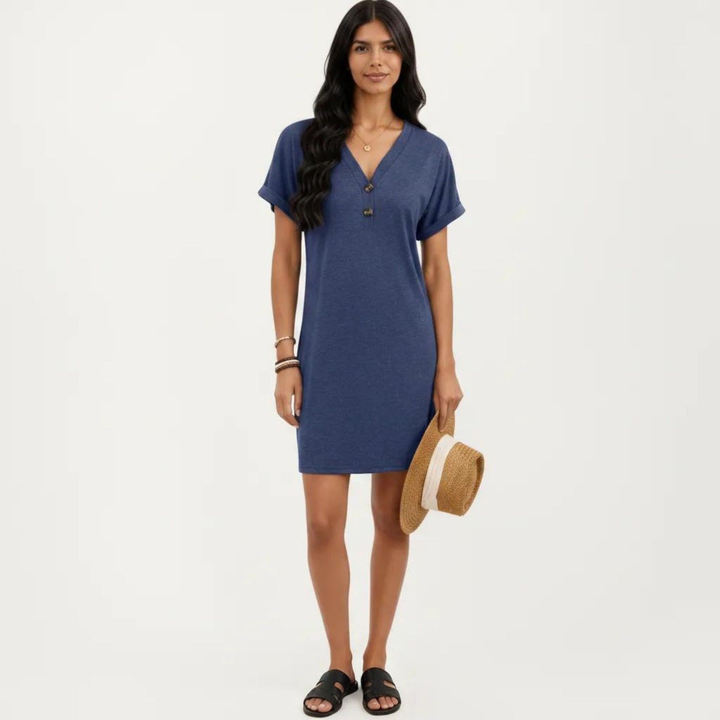 Short Sleeve V Neck Shift Dress with Button Detail Relaxed Fit Casual Tunic Dress