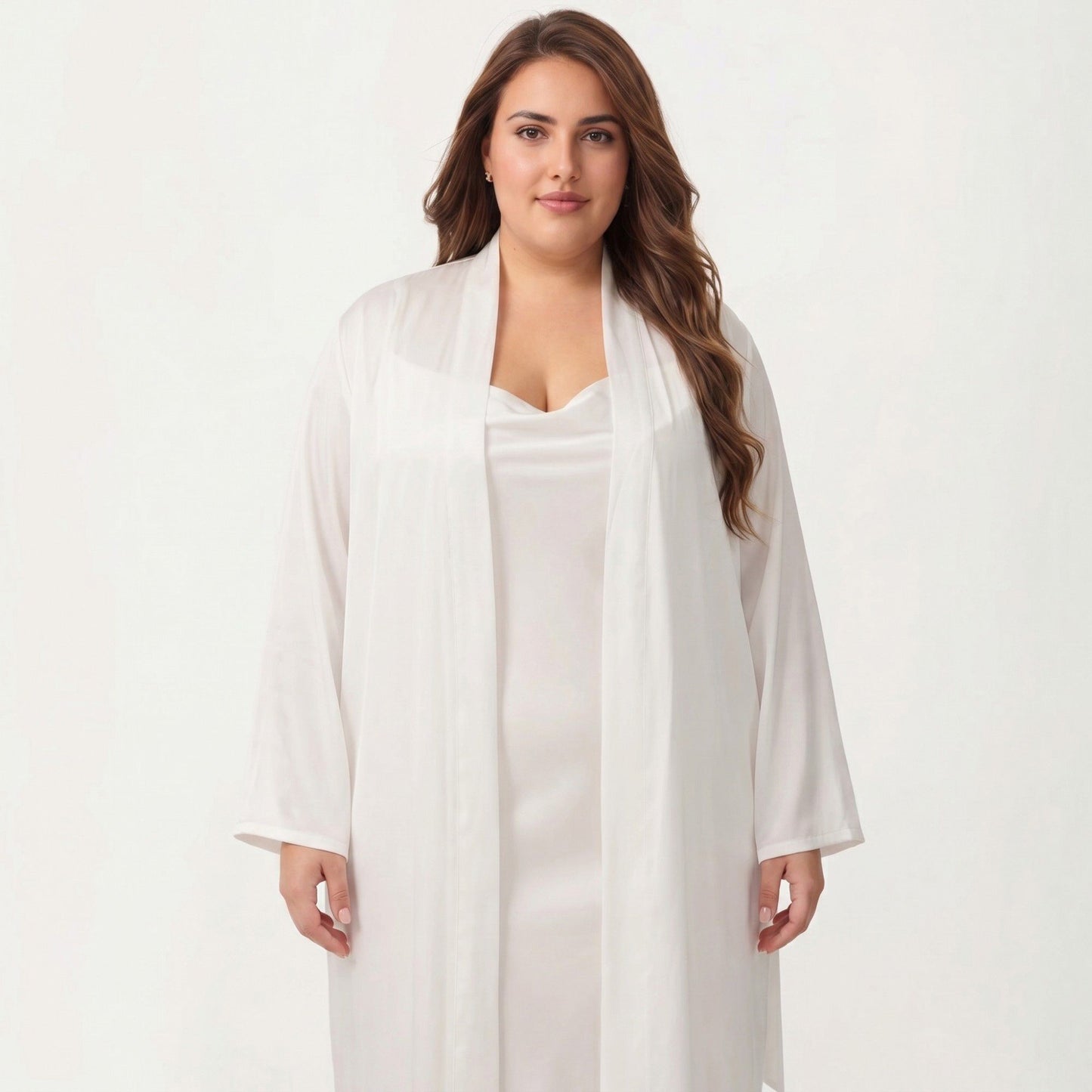 Plus Size 2-Piece Satin Nightgown Set with Long Sleeve Open Front Robe Sleeveless Slip Dress Sleepwear