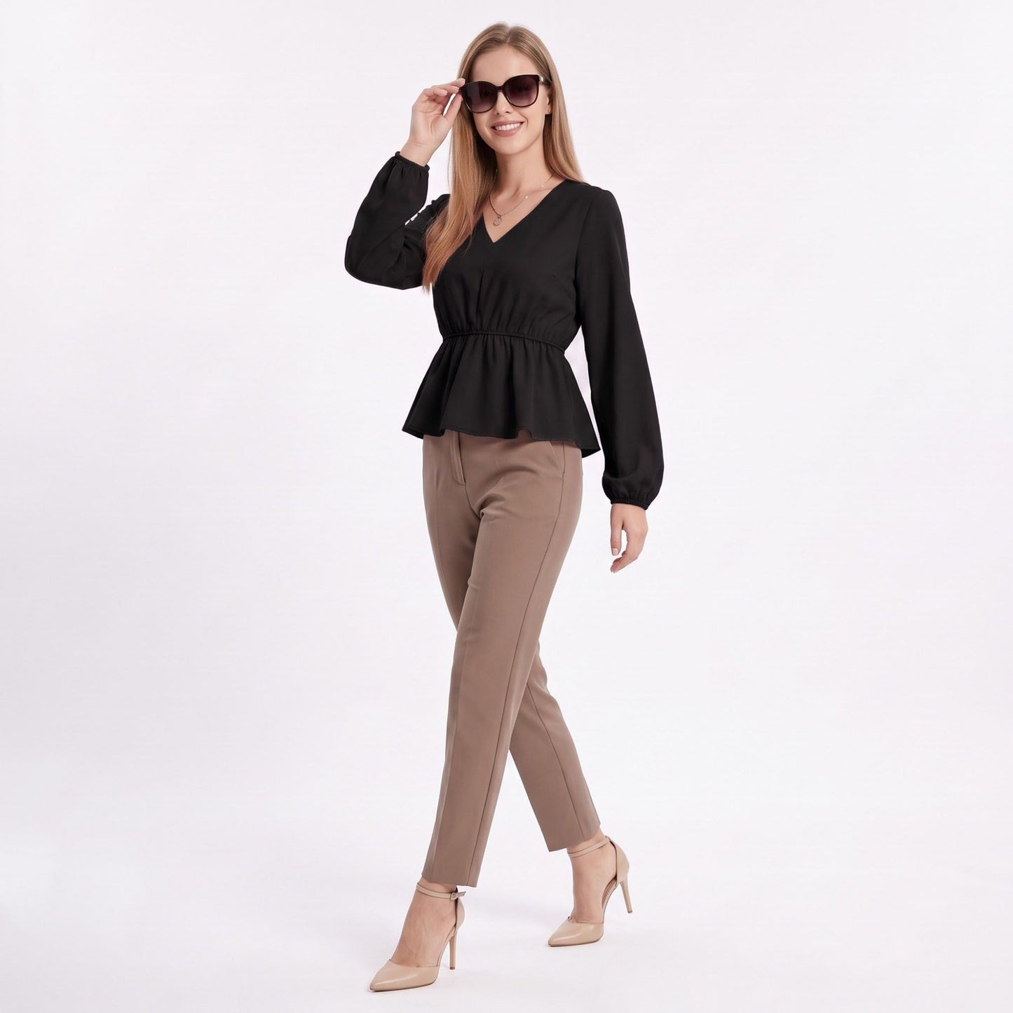V Neck Long Sleeve Peplum Blouse Elastic Waist Casual Dressy Top