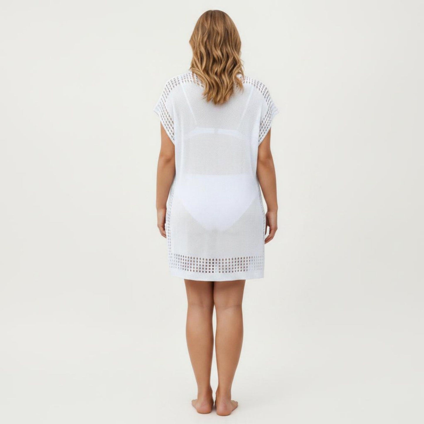 Knit Swim Cover Up Dress with Tassel Tie Neck Open Knit Trim and Relaxed Short Sleeves