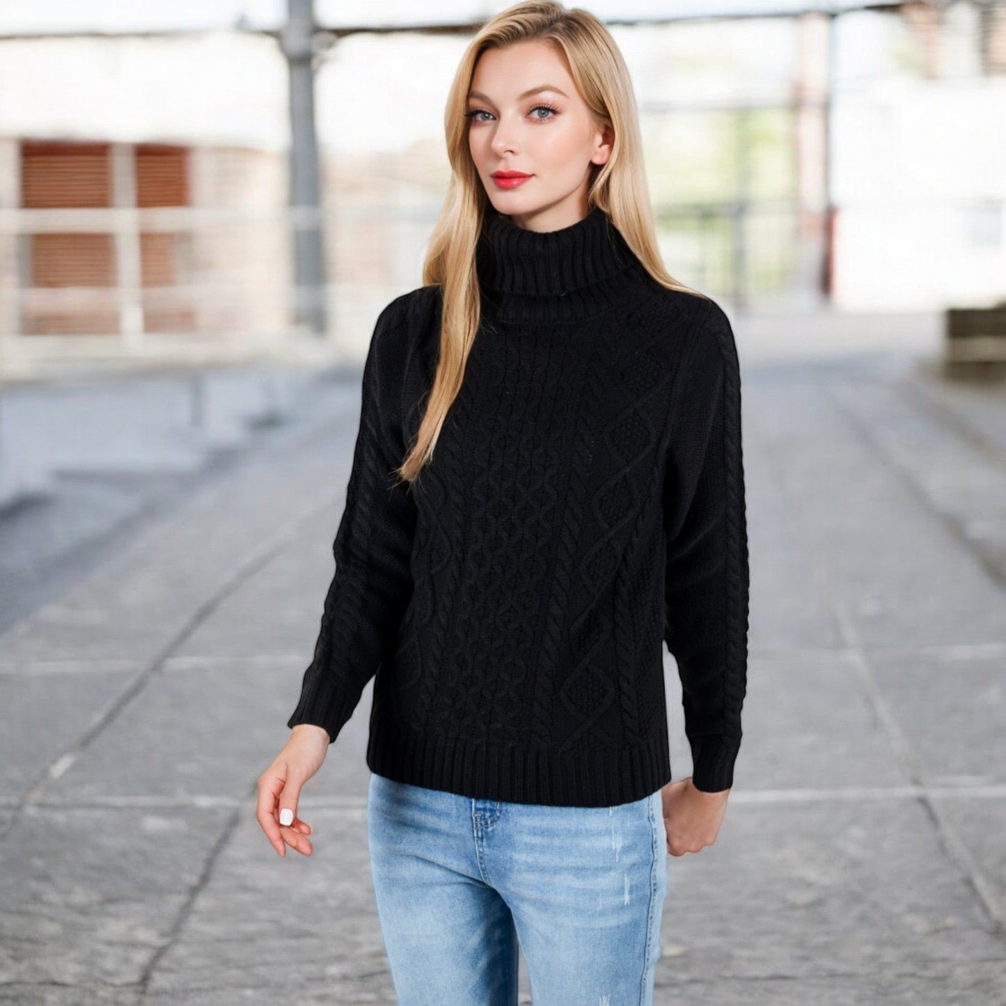 Long Sleeve Cable Knit Turtleneck Sweater