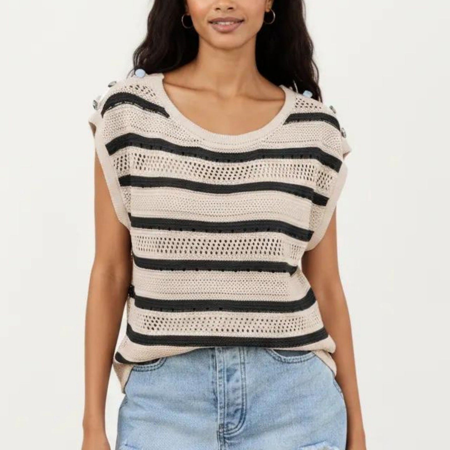 Short Sleeve Striped Open Knit Top with Button Shoulder Detail and Relaxed Fit
