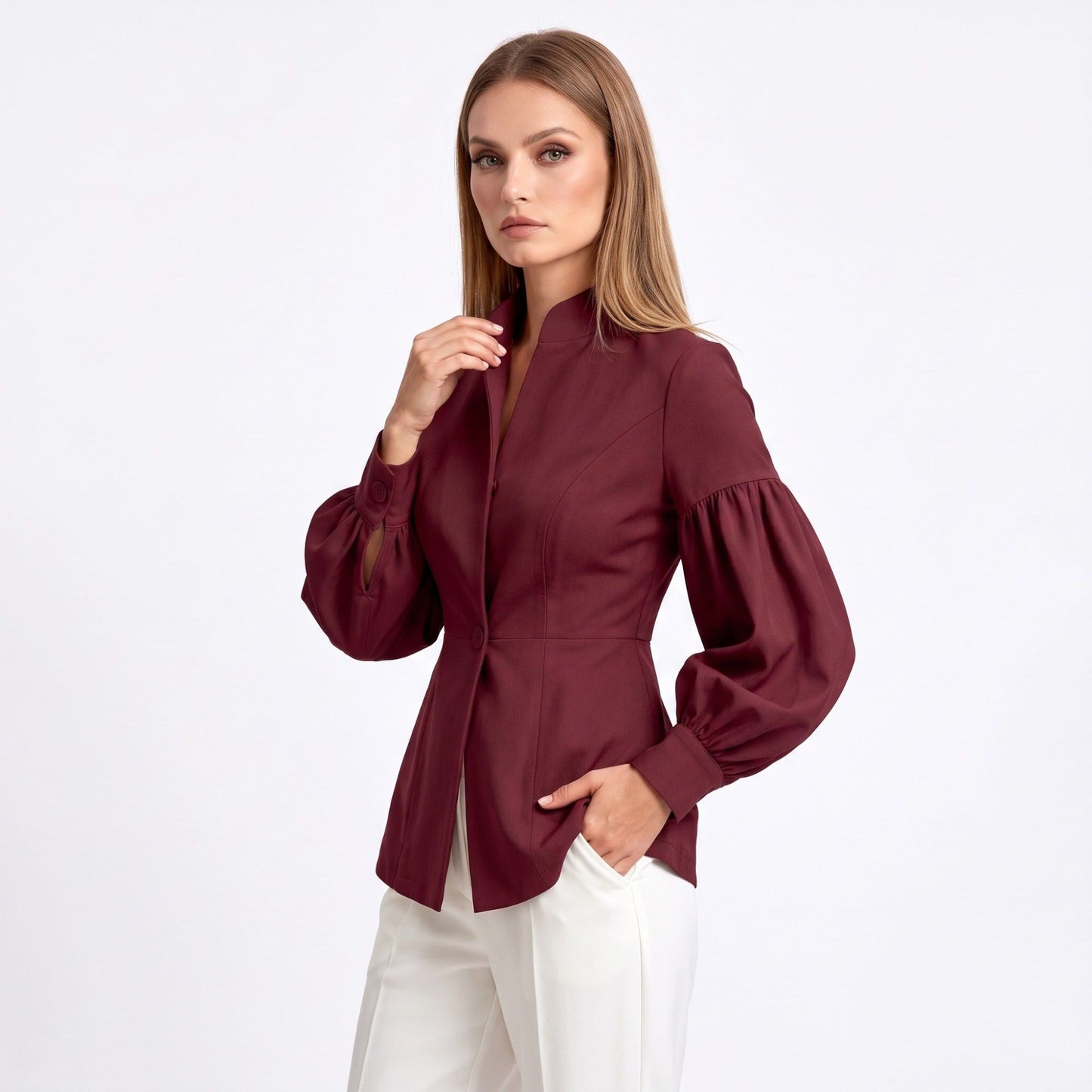 Puff Sleeve Peplum Blazer with Stand Collar and Button Front