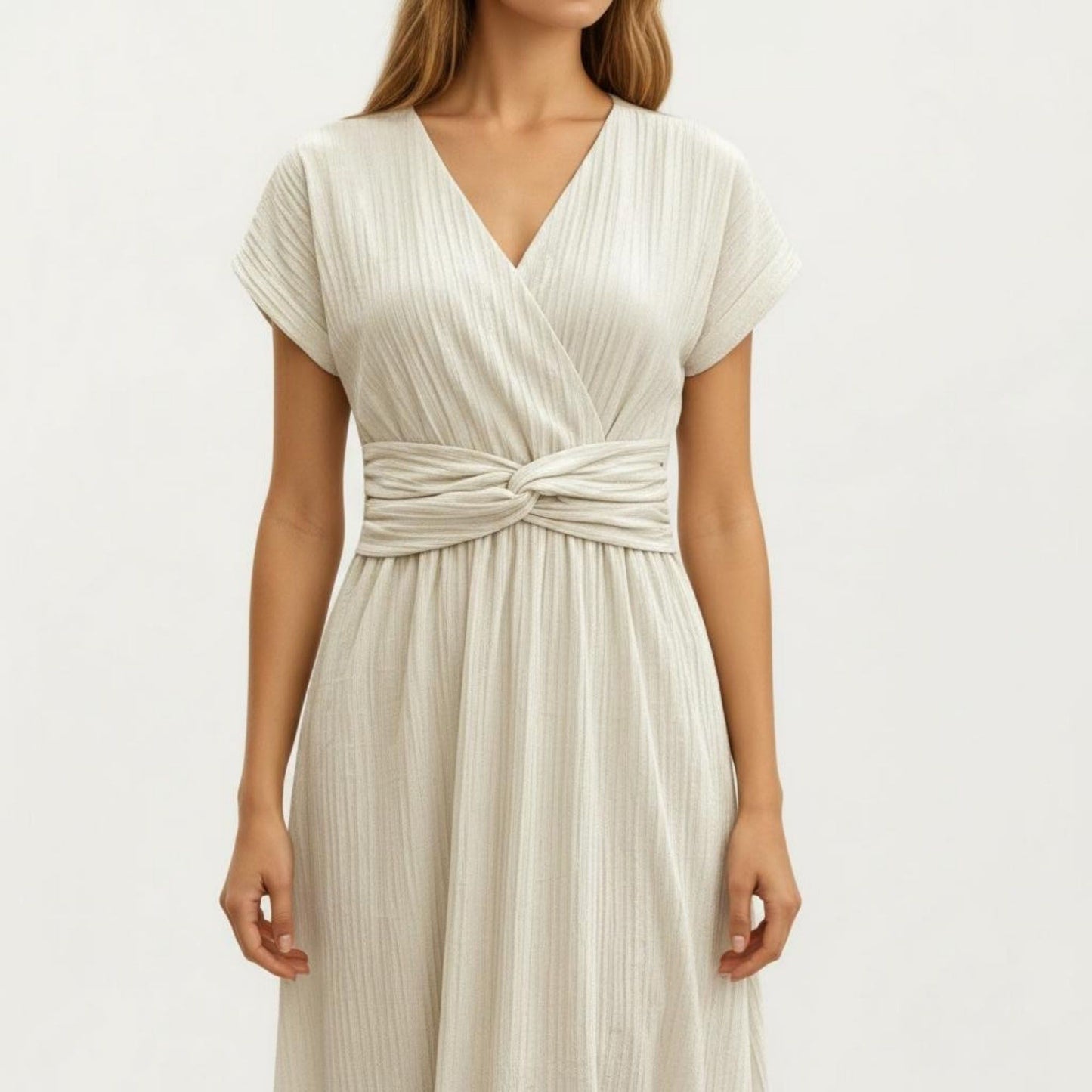 Short Sleeve Midi Dress with Wrap V Neck Twist Front Waist Detail Textured Knit Flowy Fit