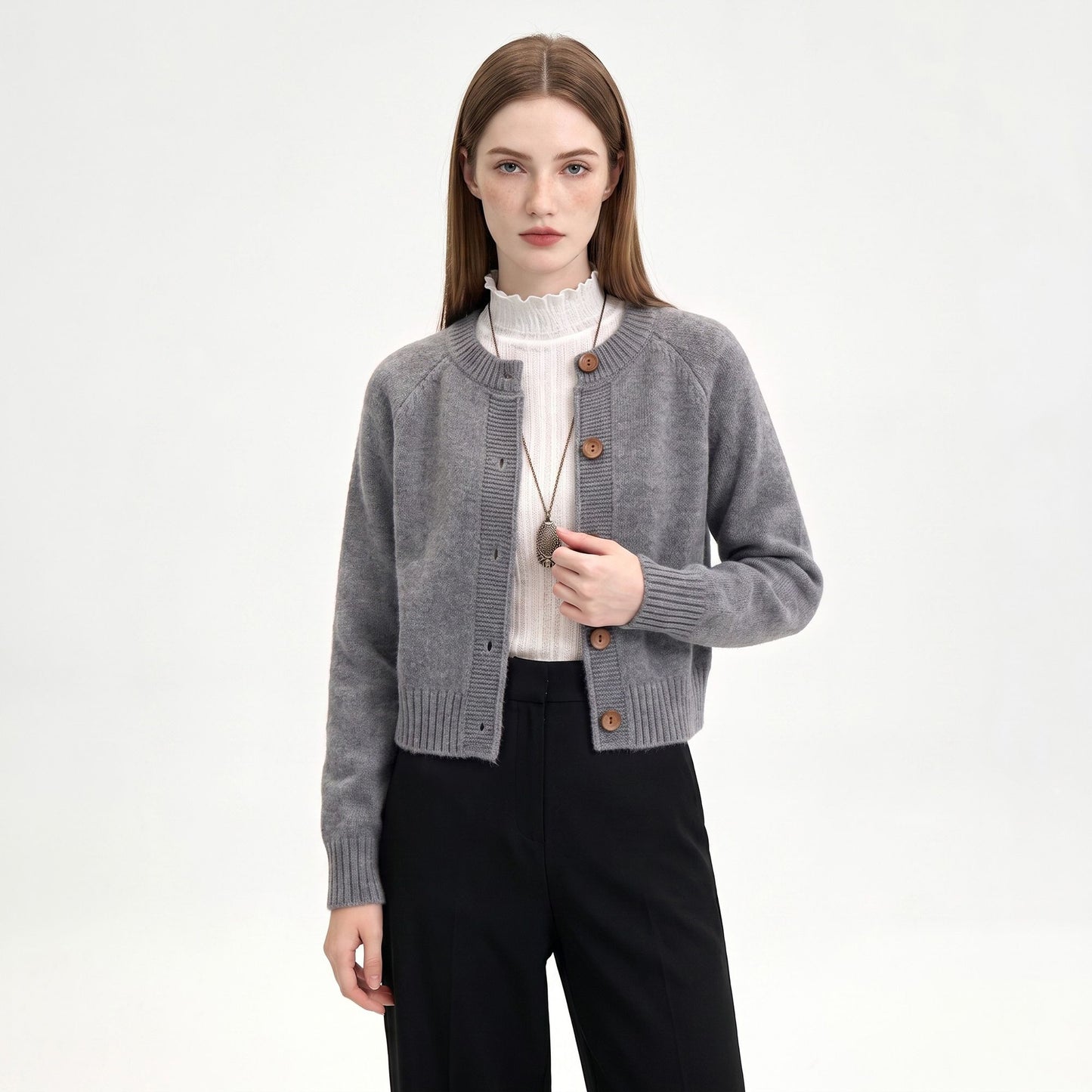 Cropped Crewneck Button-Front Cardigan Sweater