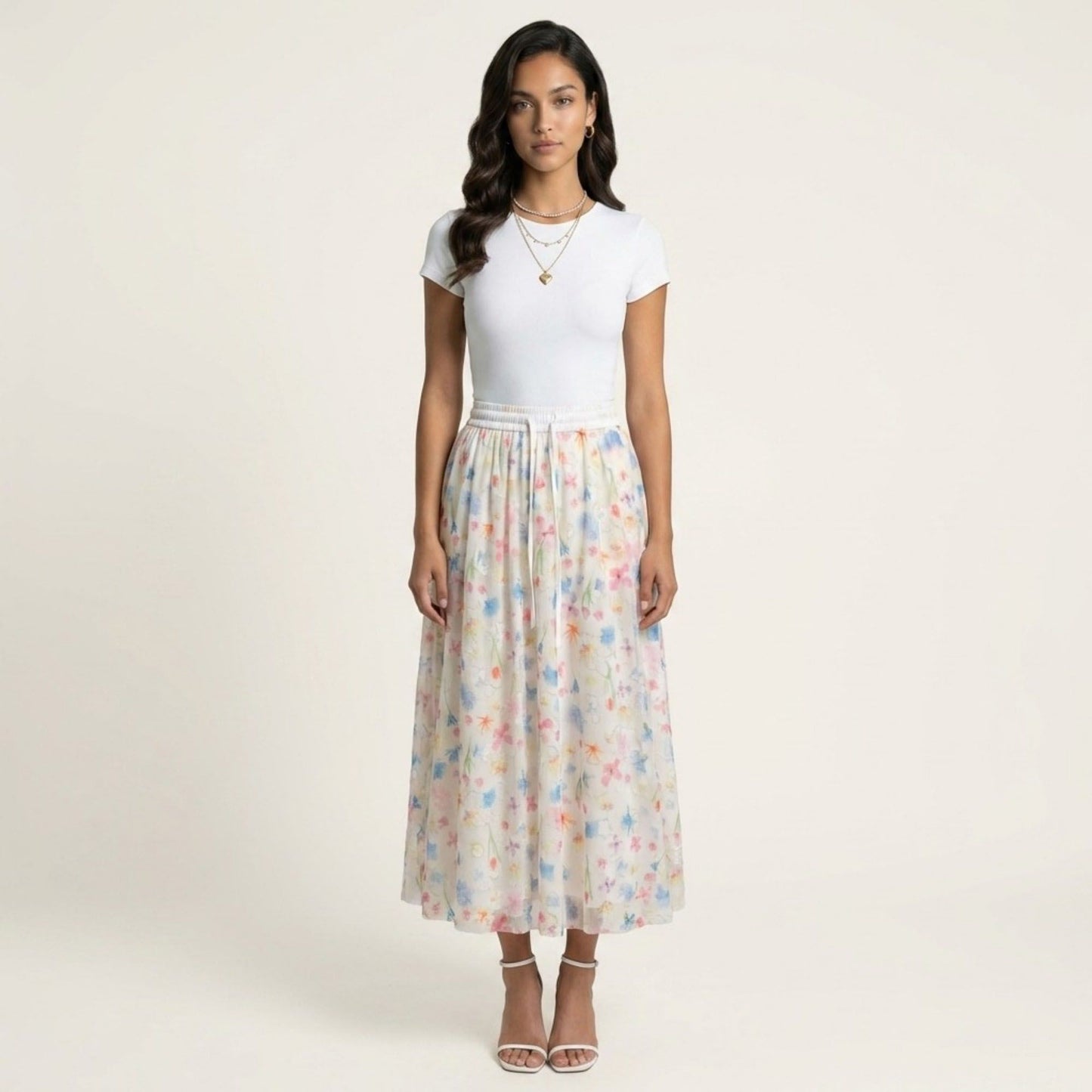 Floral Midi Skirt Elastic Waist Flowy Lightweight Chiffon A Line Casual Skirt