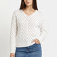 Chevron Pointelle V-Neck Long Sleeve Knit Sweater