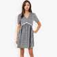 Gingham V-Neck Short Sleeve Dress Empire Waist Lace Trim