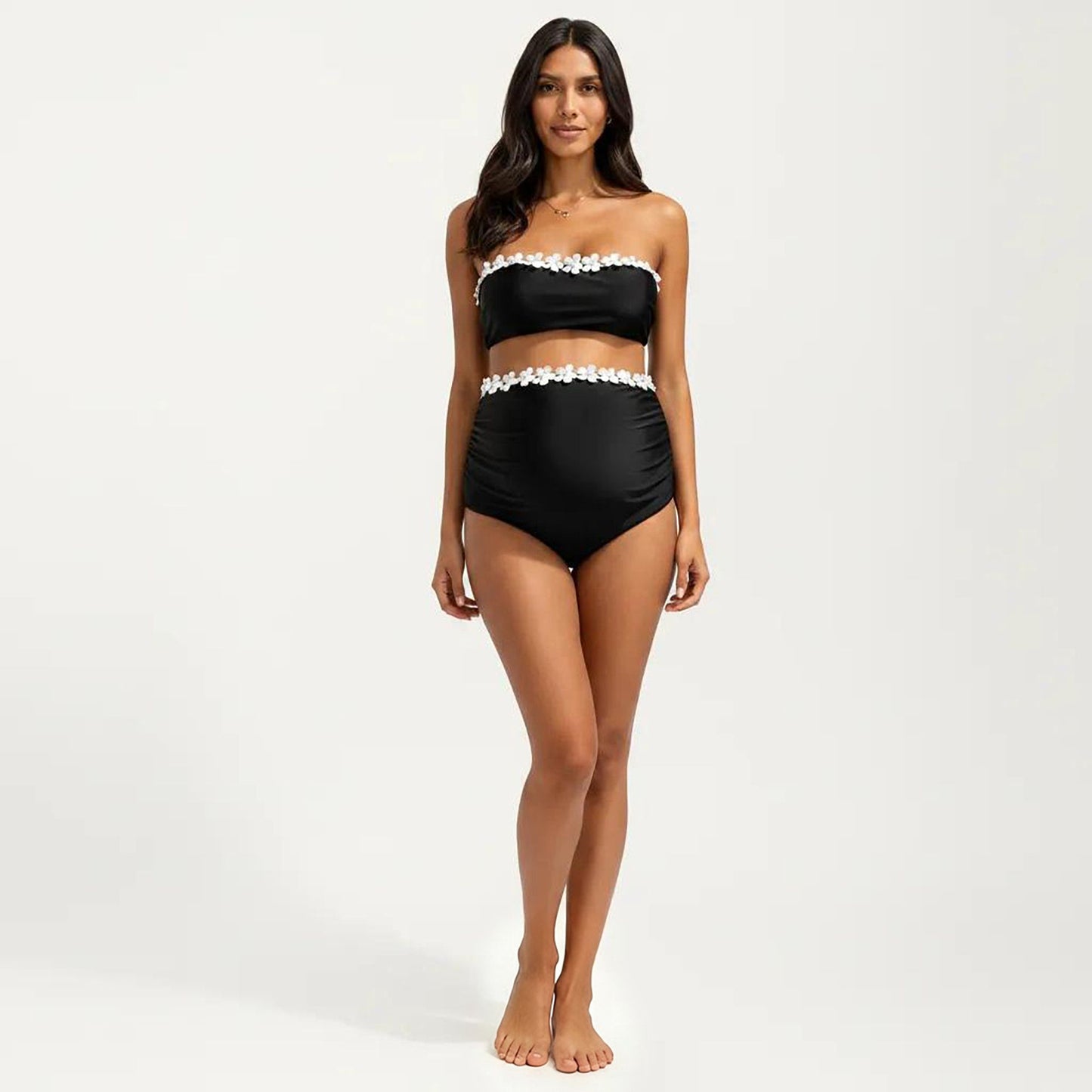 Maternity Bandeau Two-piece Swimsuit with Floral Trim and High-Waisted Bottom