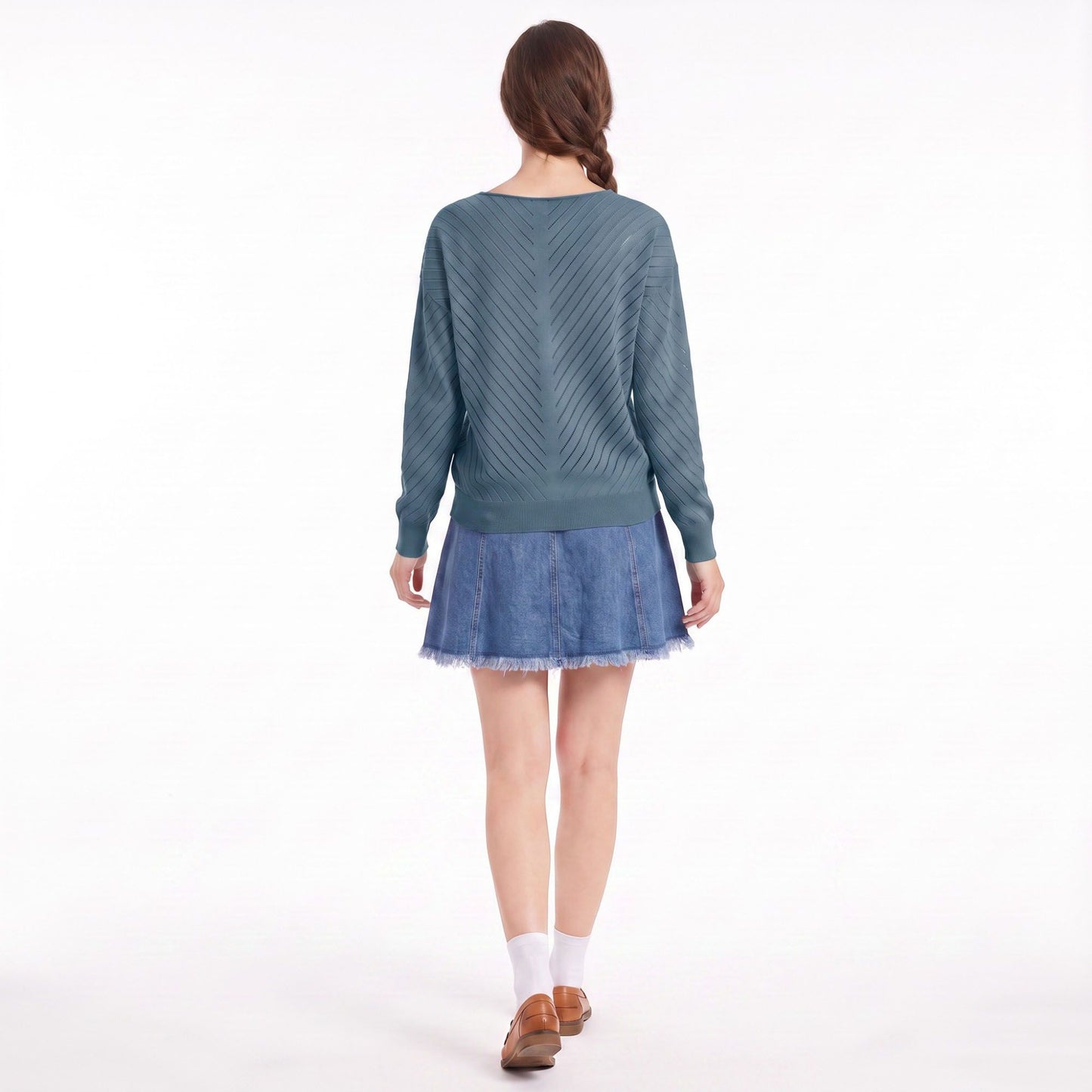 V-Neck Chevron Pointelle Knit Long Sleeve Sweater