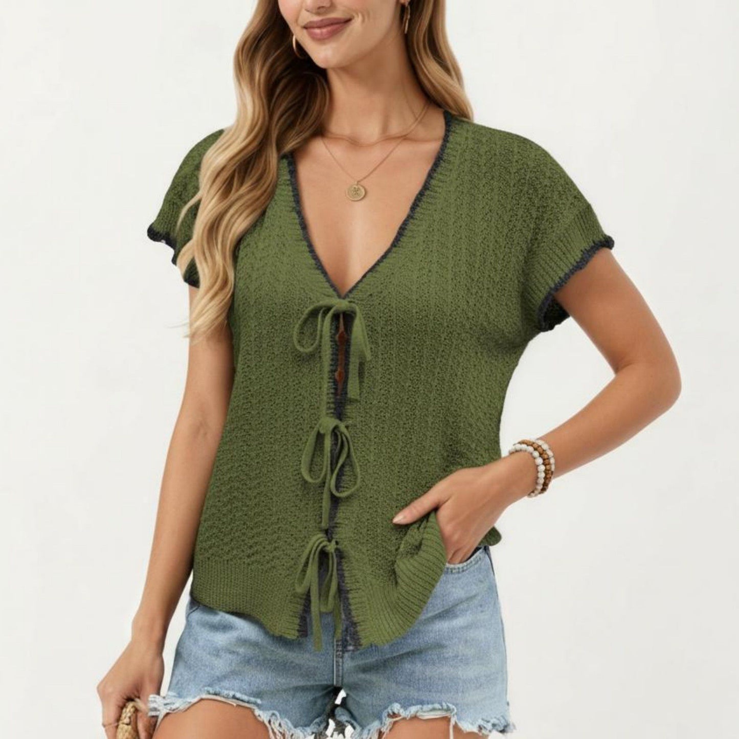 Short Sleeve Knit Cardigan Top with V-Neck Tie Front and Contrast Trim