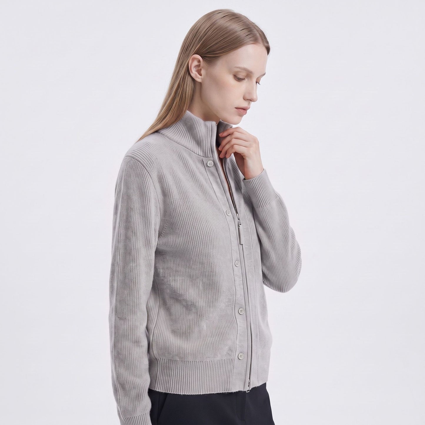 Mock Neck Zip-Front Knit Cardigan Sweater