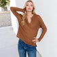 Long Sleeve Waffle Knit Top Notched Neckline Chest Pocket