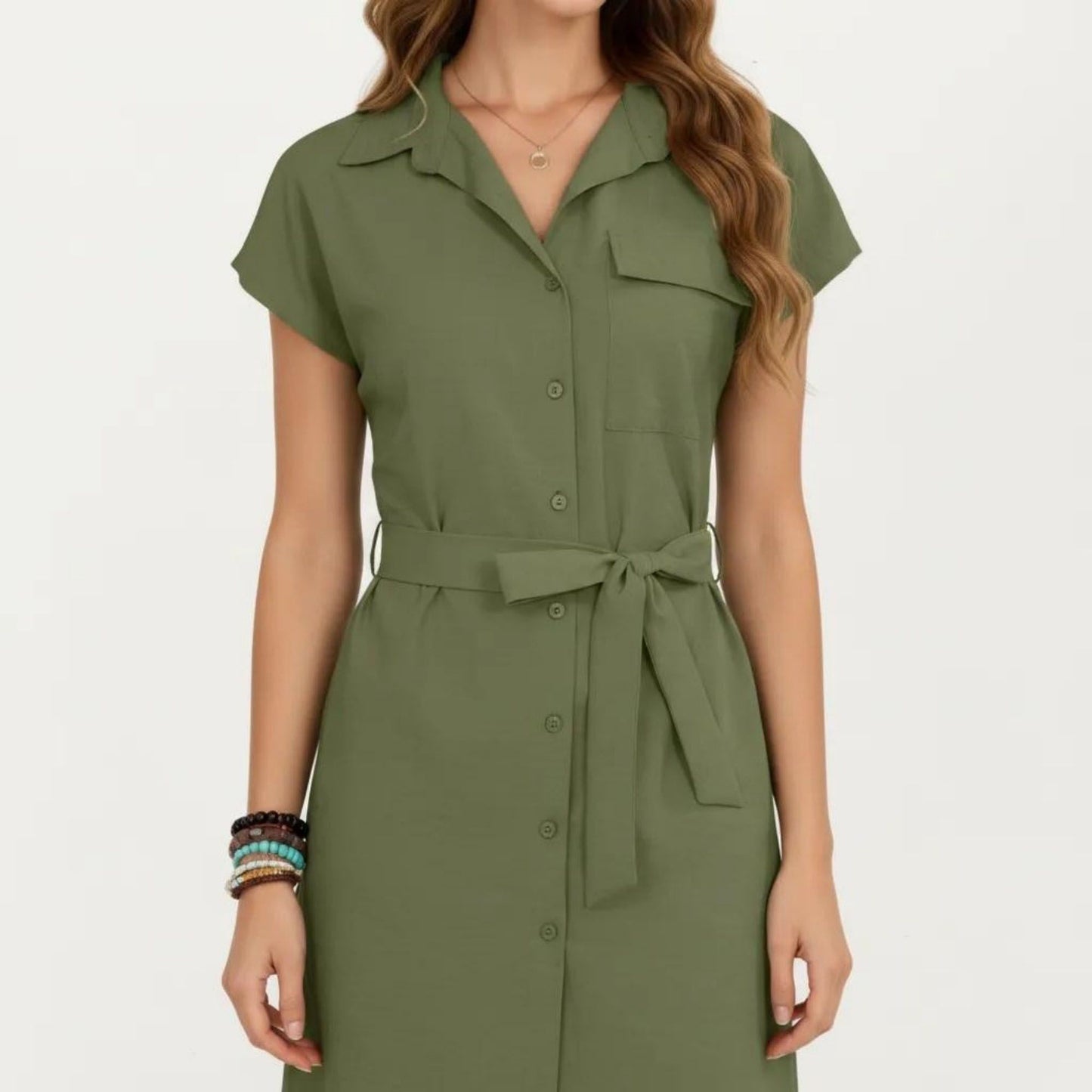Short Sleeve Button Front Shirt Dress with Collared Neckline and Adjustable Waist Tie