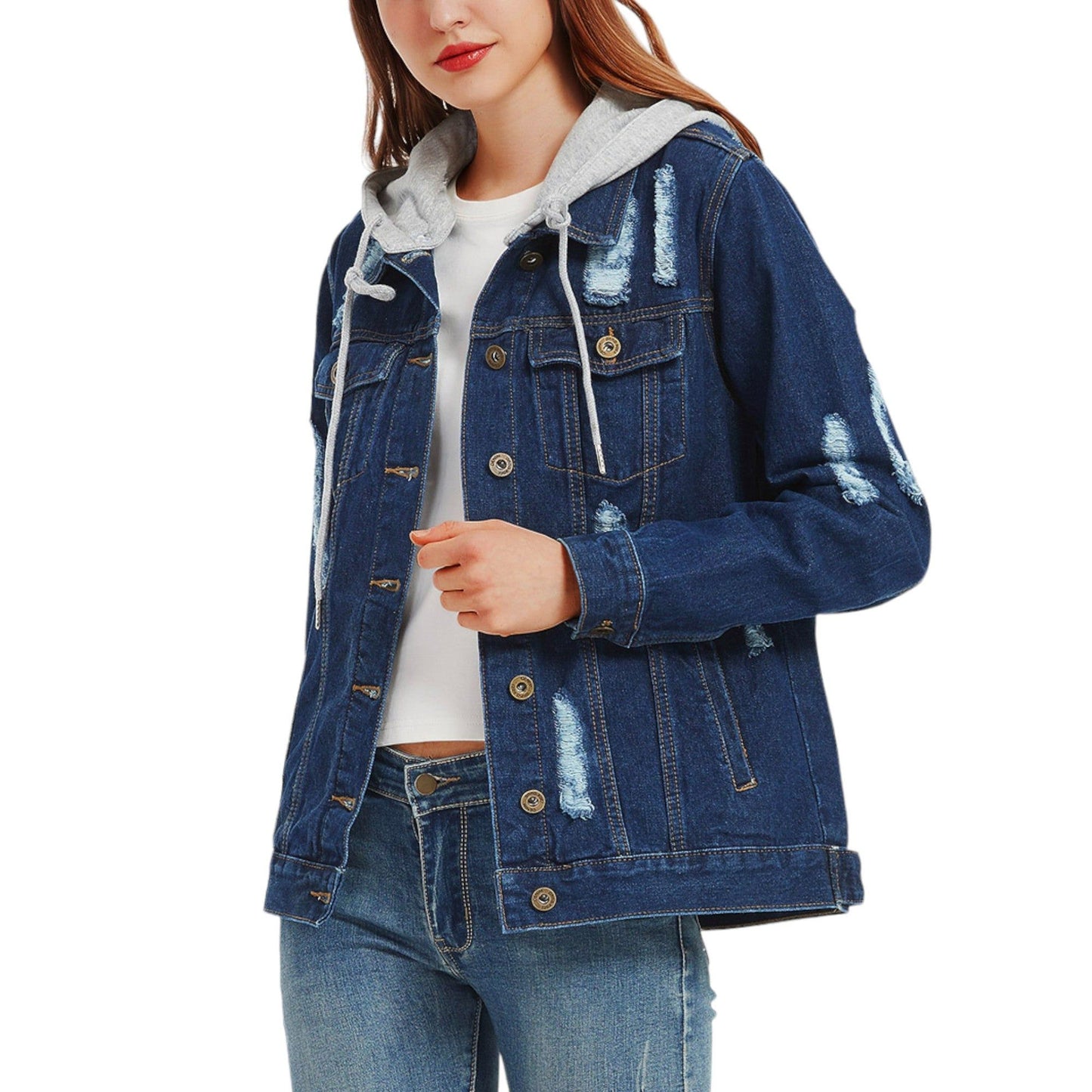 Detachable Hoodie Denim Distressed Jean Jacket