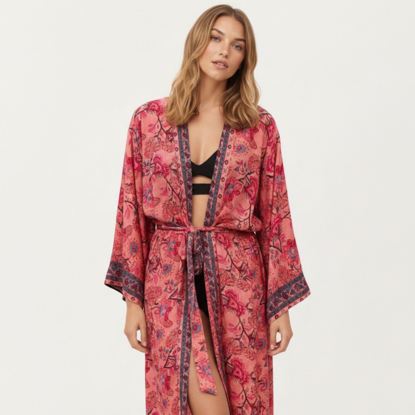 Floral Paisley Maxi Dress with Long Sleeves Adjustable Waist Tie and Flowing Relaxed Fit