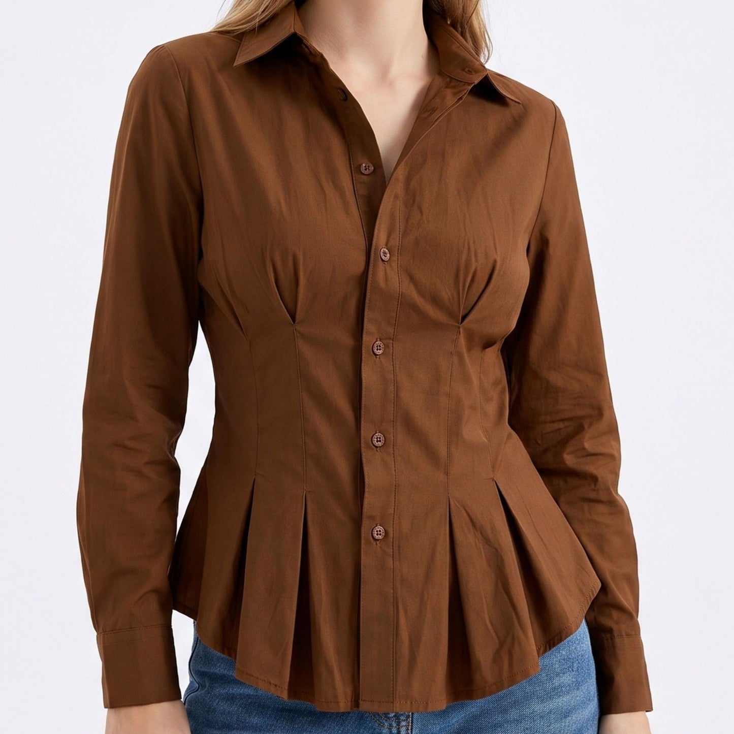Long Sleeve Button Down Peplum Shirt with Collared Neckline