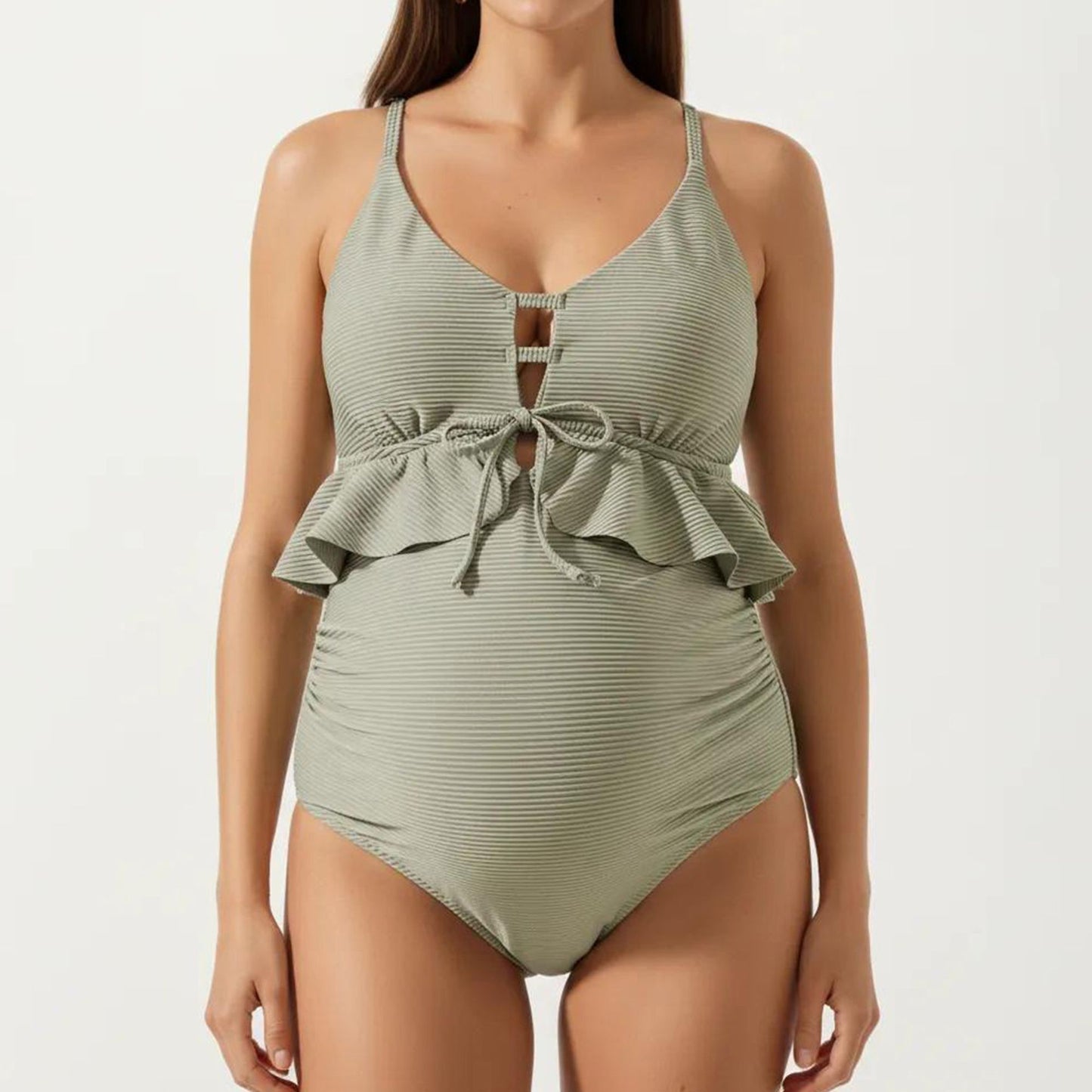 Maternity One-Piece Swimsuit with Ruffle Trim and Front Tie Detail