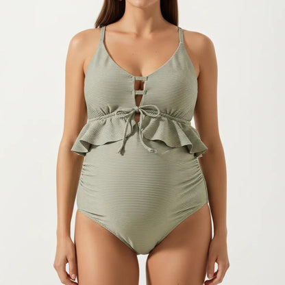 Maternity One-Piece Swimsuit with Ruffle Trim and Front Tie Detail